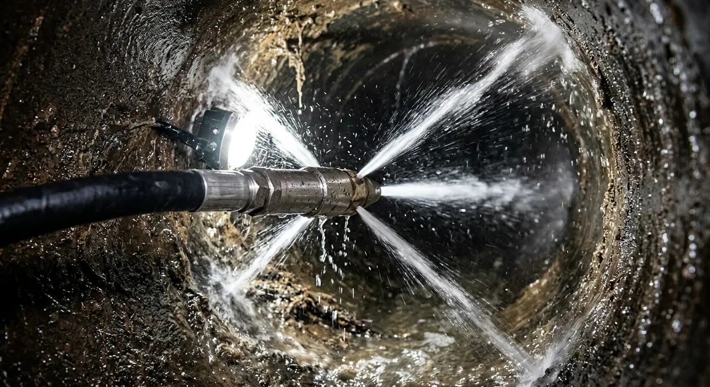 High-pressure hydro jetting nozzle cleaning sewer pipe for Trenchless Sewer Repair in Willoughby Hills