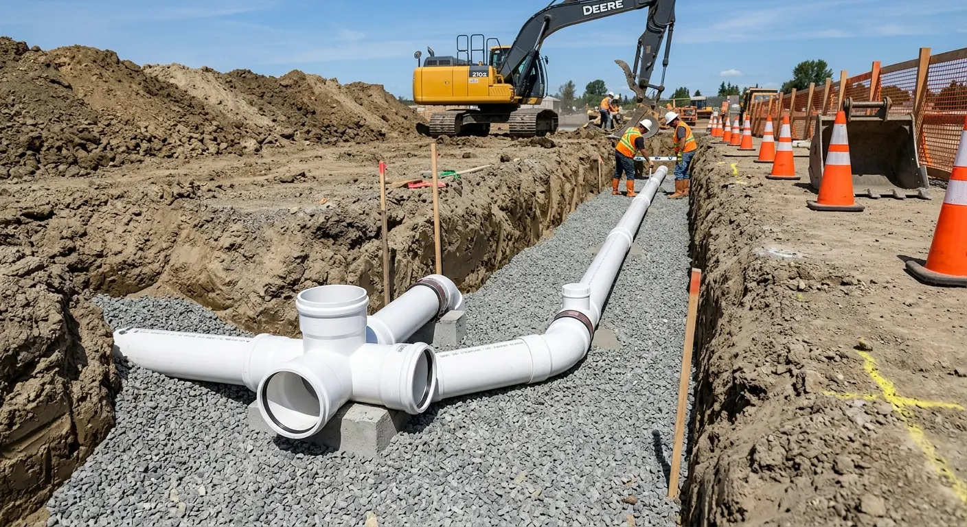 New PVC sewer pipe installation in open trench for Sewer Backup in Willoughby Hills