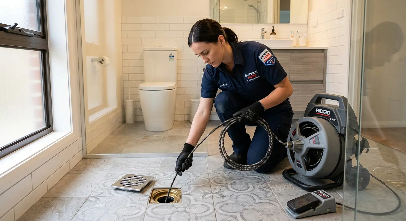 Technician clearing a bathroom floor drain for Sewer Line Replacement in Willoughby Hills